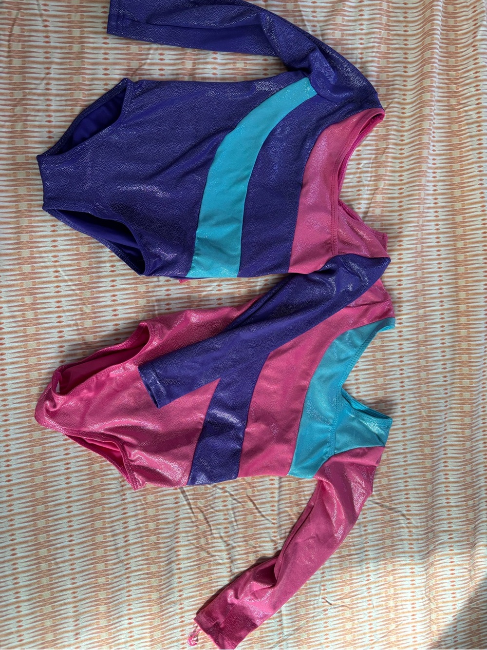 Long-Sleeve Girls' Shiny Colorblock Leotard — Pink, Purple & Teal